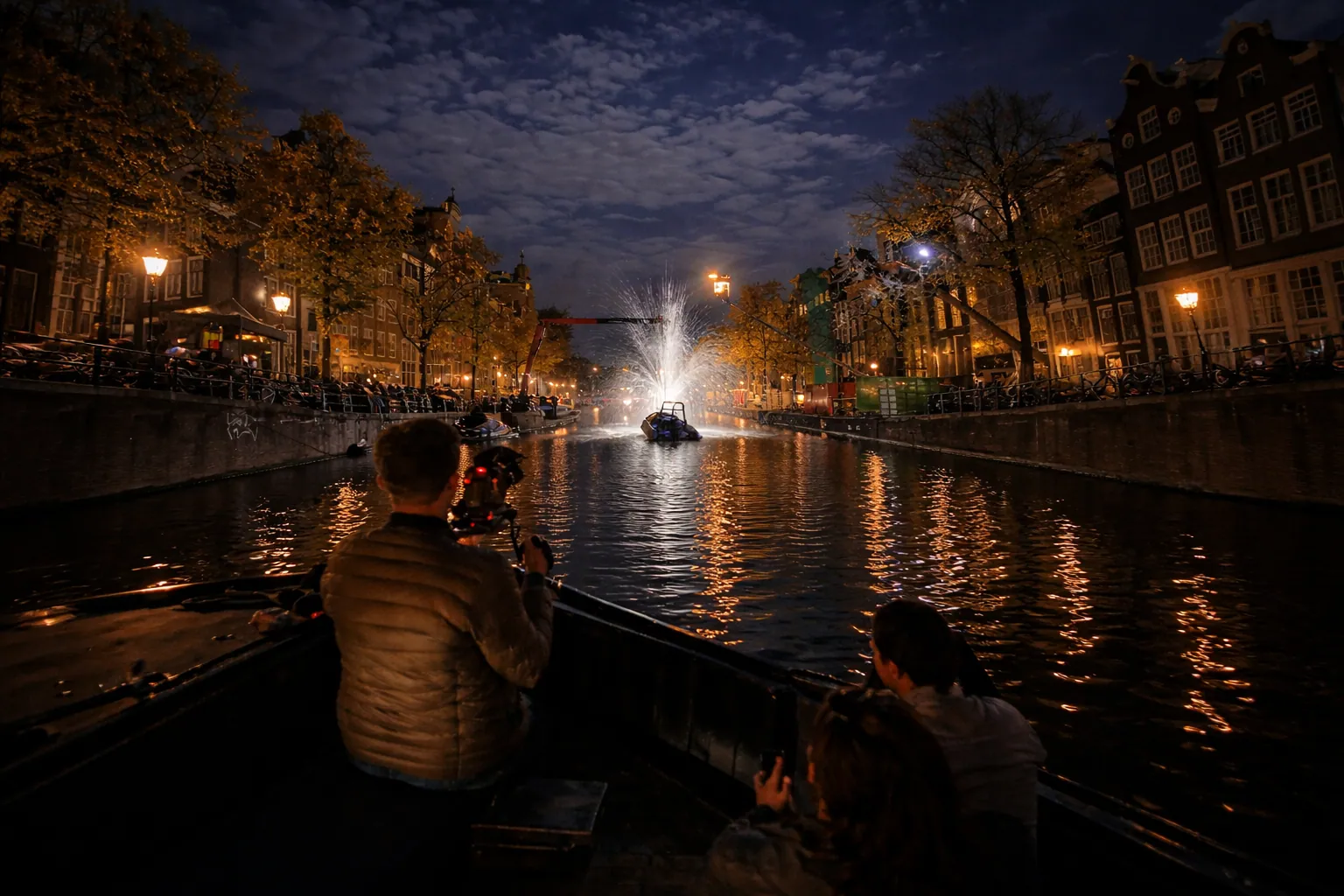 Nachtopname van een verlichte gracht met een waterpluim
