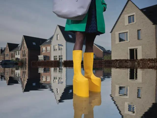 Gele klimaatlaarzen in het campagnebeeld bij woningen, met hoge zolen boven het wateroppervlak